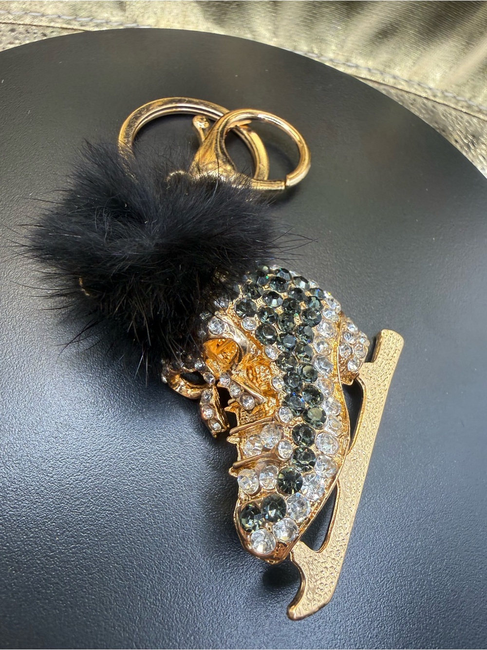 Gold Crystal Ice Skate Keychain with Black Fur Pom Pom